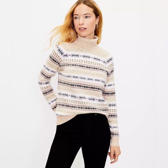 LOFT Sweaters - LOFT Striped Neutral Beige Fair Isle Turtleneck Sweater Women's Size Large L